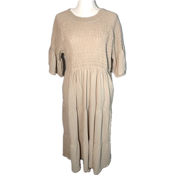 Polagram Dresses & Skirts - Polagram Cream A-Line Dress with Bishop Sleeves and Crew Neck